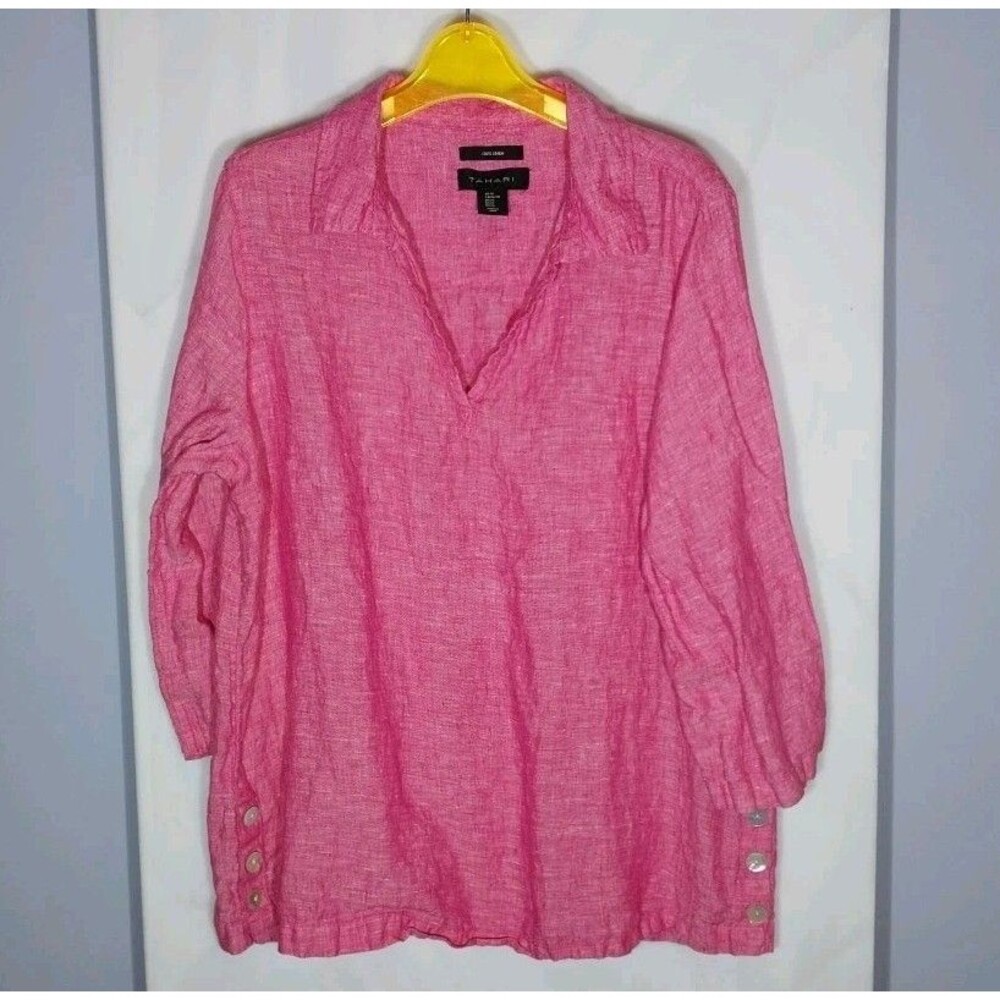 Tahari Pink Linen Top Women’s XL Lightweight Relaxed Beachy